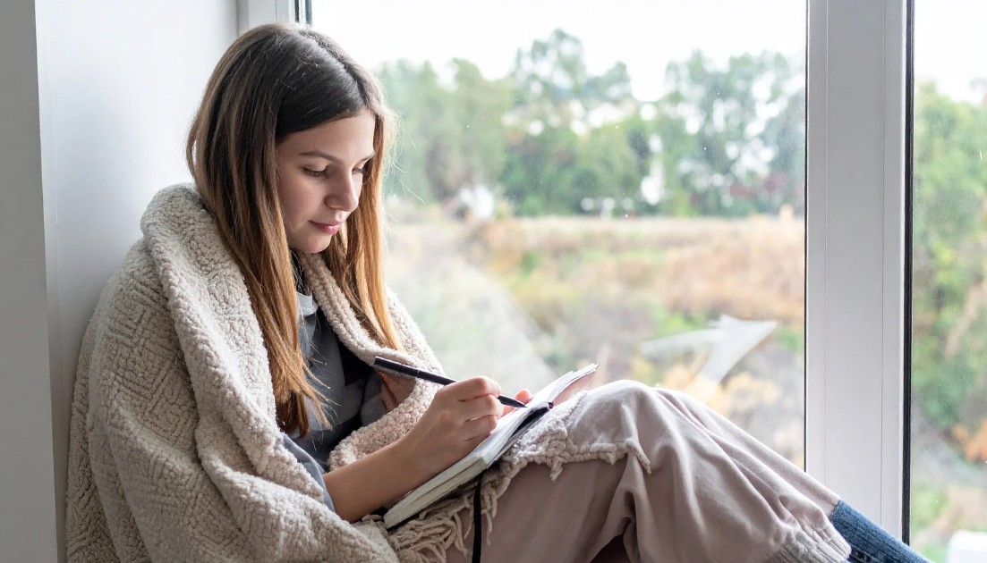 A woman journaling, wrapped in a blanket next to a window.